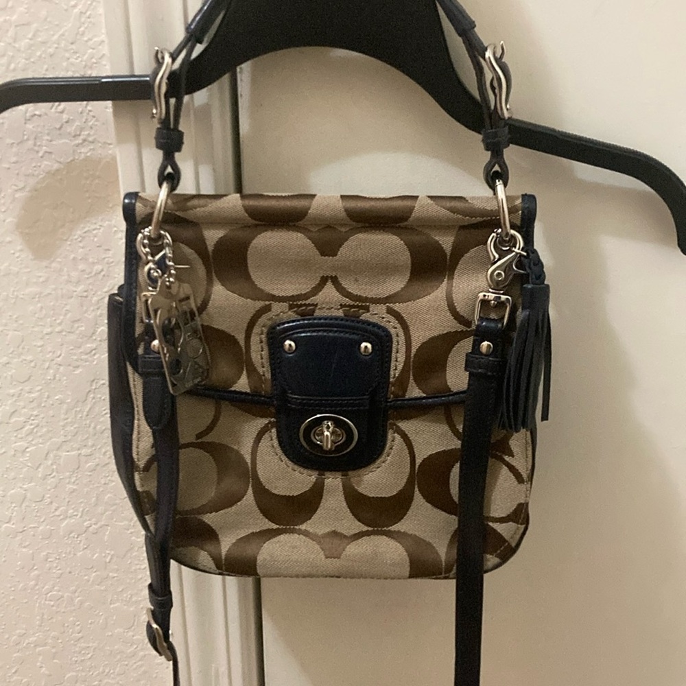 Coach Blue and Tan Crossbody Bag with Signature Pattern and Leather Strap